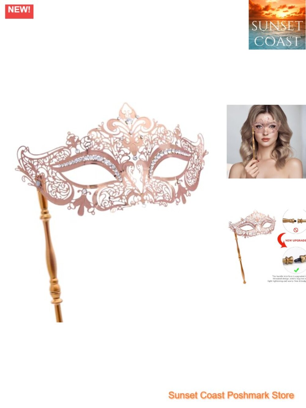 Masquerade Mask with Stick Venetian Rhinestone Costume Mask